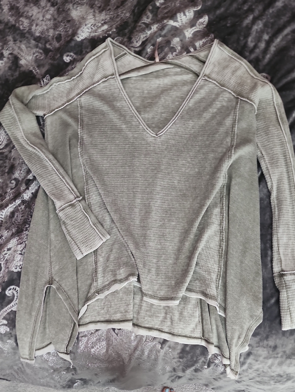 Free People Olive Ribbed V-Neck Knit Top